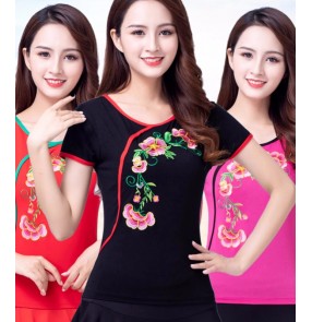 Black red Latin ballroom dance tops for women girls embroidered flowers Modal ethnic style short sleeve dancing shirts women's dance costume training practice blouses for female